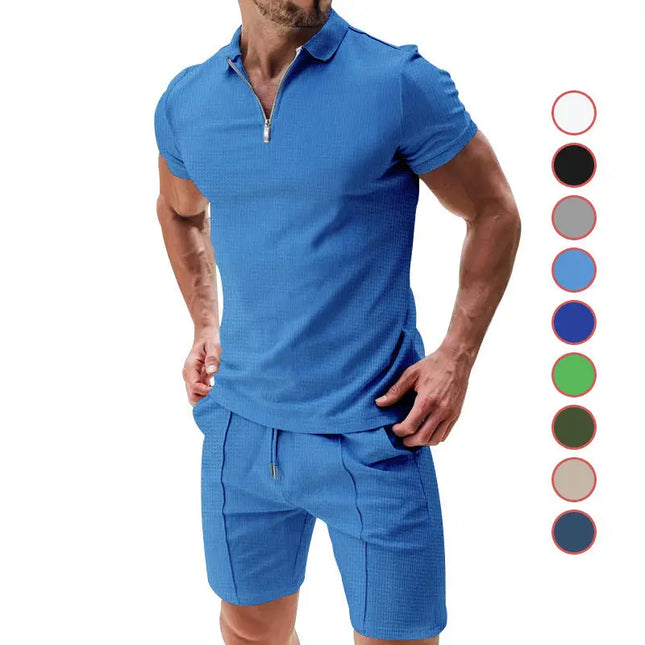 Men's 2-Piece Casual Waffle Suit - Zipper Lapel Short-Sleeve Top & Drawstring Shorts Set Alfra Retail 1