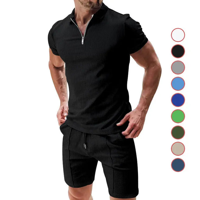 Men's 2-Piece Casual Waffle Suit - Zipper Lapel Short-Sleeve Top & Drawstring Shorts Set Alfra Retail 1