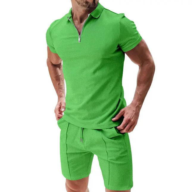 Men's 2-Piece Casual Waffle Suit - Zipper Lapel Short-Sleeve Top & Drawstring Shorts Set Alfra Retail 1