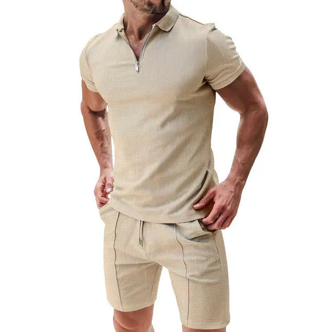 Men's 2-Piece Casual Waffle Suit - Zipper Lapel Short-Sleeve Top & Drawstring Shorts Set Alfra Retail 1