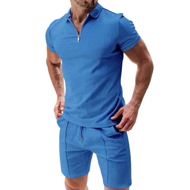 Men's 2-Piece Casual Waffle Suit - Zipper Lapel Short-Sleeve Top & Drawstring Shorts Set Alfra Retail 1