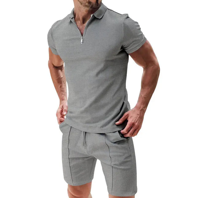 Men's 2-Piece Casual Waffle Suit - Zipper Lapel Short-Sleeve Top & Drawstring Shorts Set Alfra Retail 1