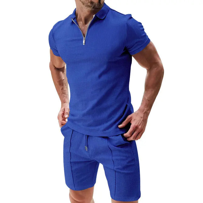 Men's 2-Piece Casual Waffle Suit - Zipper Lapel Short-Sleeve Top & Drawstring Shorts Set Alfra Retail 1