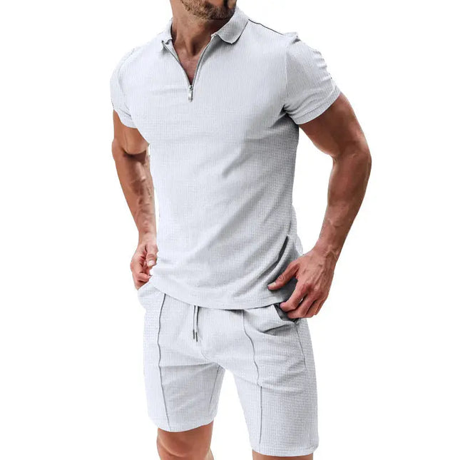 Men's 2-Piece Casual Waffle Suit - Zipper Lapel Short-Sleeve Top & Drawstring Shorts Set Alfra Retail 1