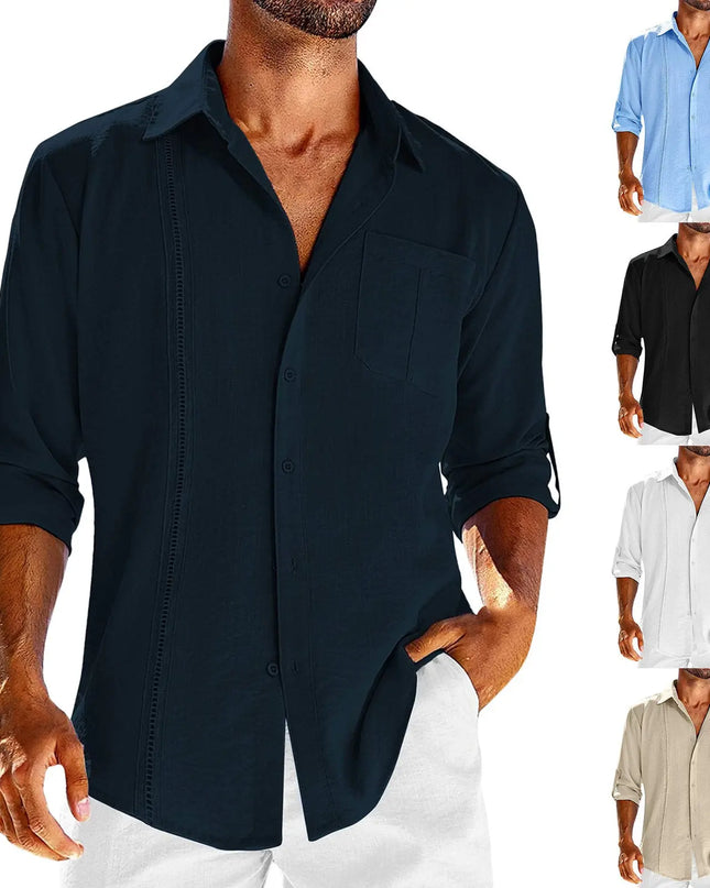 Men's Casual Long Sleeve Shirt - Pocket Lace Polo Collar & Solid Color Button Shirt Cotton Fabric Alfra Retail 1