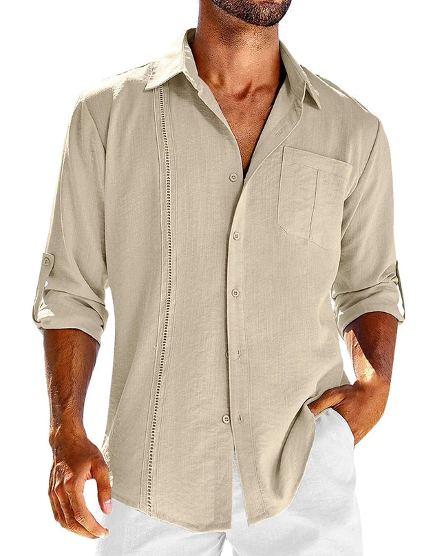 Men's Casual Long Sleeve Shirt - Pocket Lace Polo Collar & Solid Color Button Shirt Cotton Fabric Alfra Retail 1