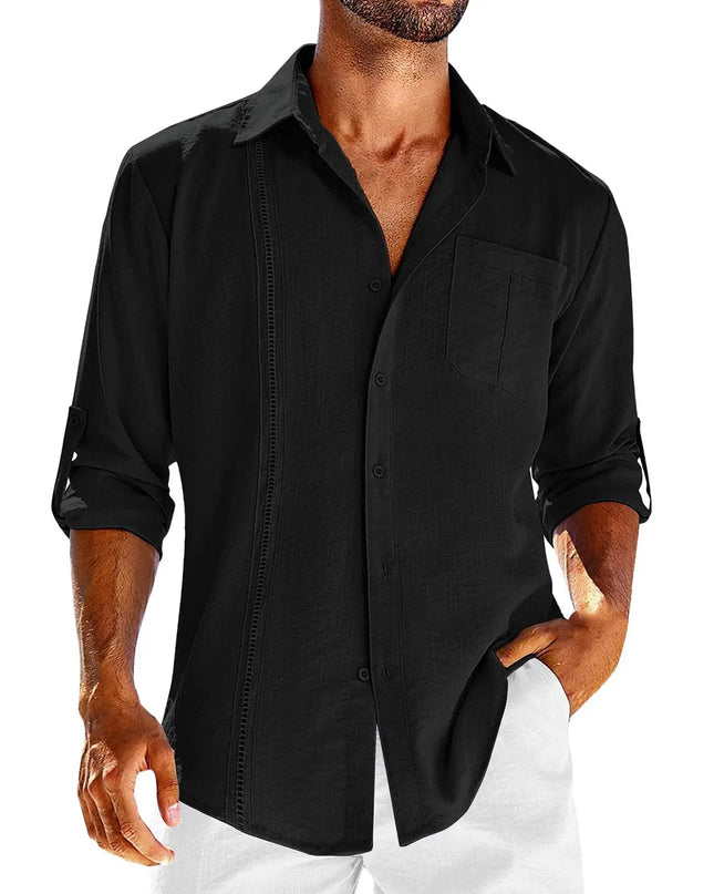 Men's Casual Long Sleeve Shirt - Pocket Lace Polo Collar & Solid Color Button Shirt Cotton Fabric Alfra Retail 1