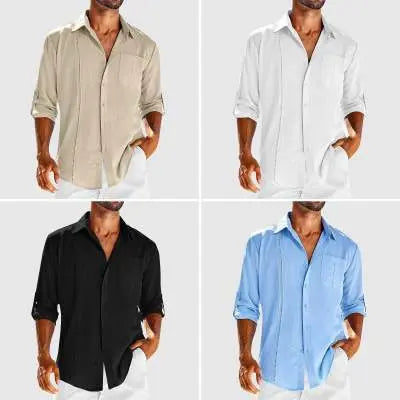 Men's Casual Long Sleeve Shirt - Pocket Lace Polo Collar & Solid Color Button Shirt Cotton Fabric Alfra Retail 1