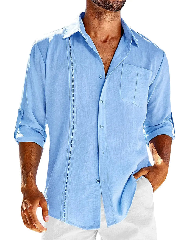 Men's Casual Long Sleeve Shirt - Pocket Lace Polo Collar & Solid Color Button Shirt Cotton Fabric Alfra Retail 1