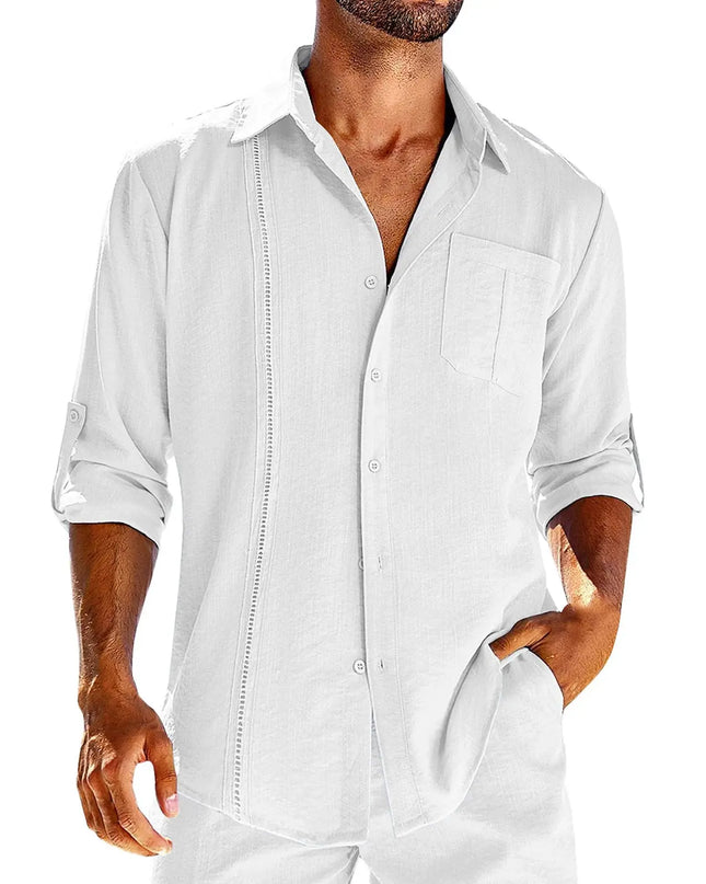 Men's Casual Long Sleeve Shirt - Pocket Lace Polo Collar & Solid Color Button Shirt Cotton Fabric Alfra Retail 1