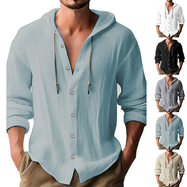 Men's Cotton and Linen Hooded Button Shirt Sweater - Long Sleeve Casual Top Fabric Fashion Alfra Retail 1