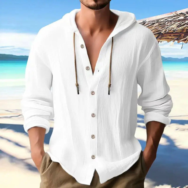 Men's Cotton and Linen Hooded Button Shirt Sweater - Long Sleeve Casual Top Fabric Fashion Alfra Retail 1