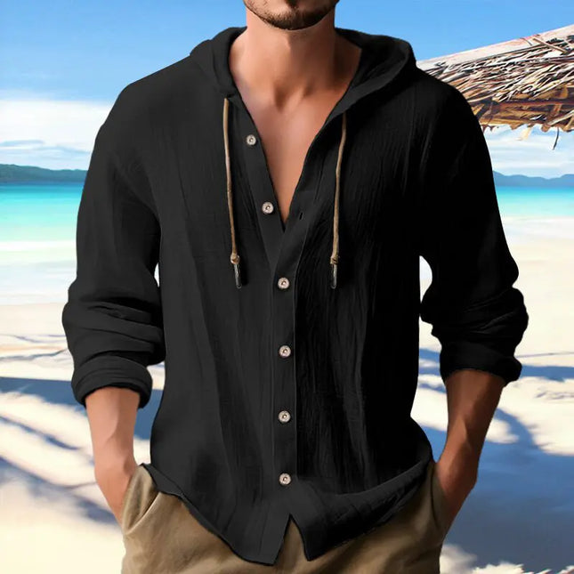 Men's Cotton and Linen Hooded Button Shirt Sweater - Long Sleeve Casual Top Fabric Fashion Alfra Retail 1