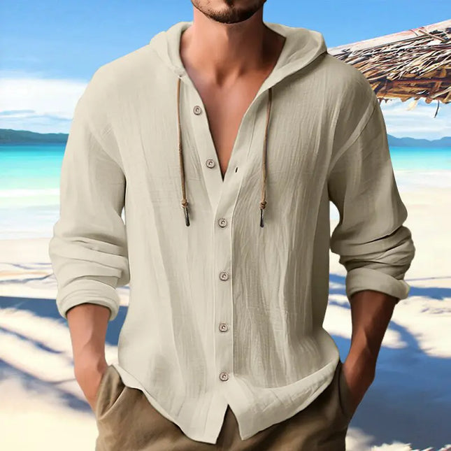 Men's Cotton and Linen Hooded Button Shirt Sweater - Long Sleeve Casual Top Fabric Fashion Alfra Retail 1