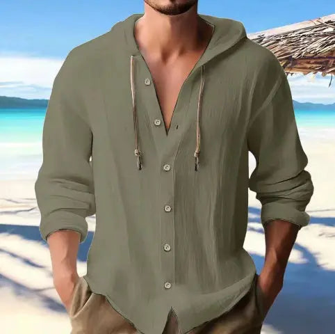 Men's Cotton and Linen Hooded Button Shirt Sweater - Long Sleeve Casual Top Fabric Fashion Alfra Retail 1