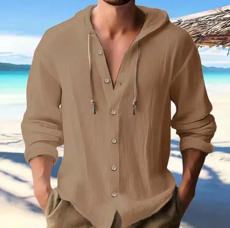 Men's Cotton and Linen Hooded Button Shirt Sweater - Long Sleeve Casual Top Fabric Fashion Alfra Retail 1