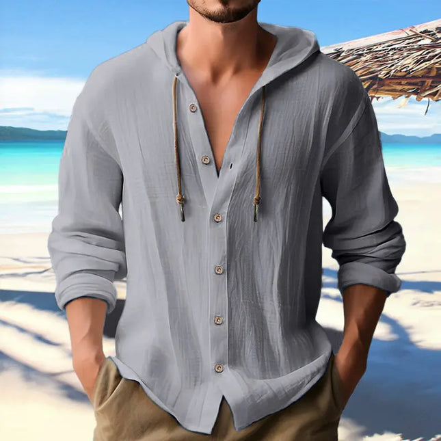 Men's Cotton and Linen Hooded Button Shirt Sweater - Long Sleeve Casual Top Fabric Fashion Alfra Retail 1