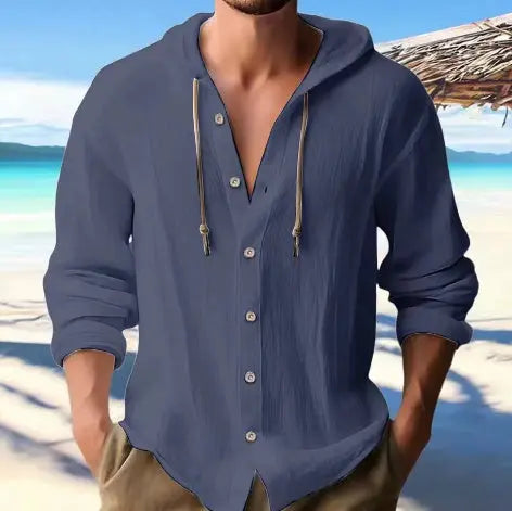 Men's Cotton and Linen Hooded Button Shirt Sweater - Long Sleeve Casual Top Fabric Fashion Alfra Retail 1