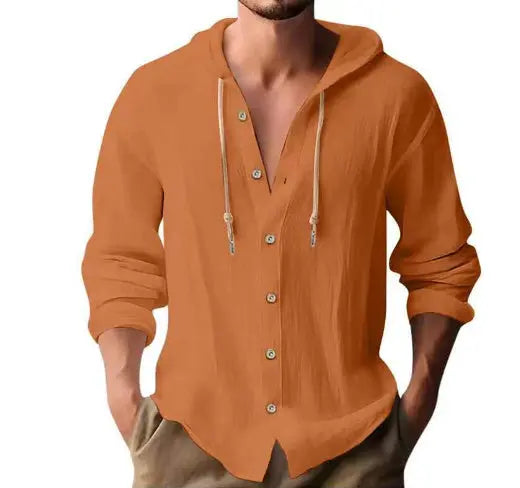 Men's Cotton and Linen Hooded Button Shirt Sweater - Long Sleeve Casual Top Fabric Fashion Alfra Retail 1