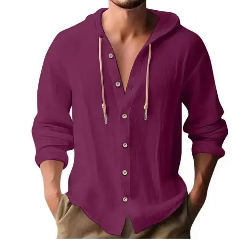 Men's Cotton and Linen Hooded Button Shirt Sweater - Long Sleeve Casual Top Fabric Fashion Alfra Retail 1