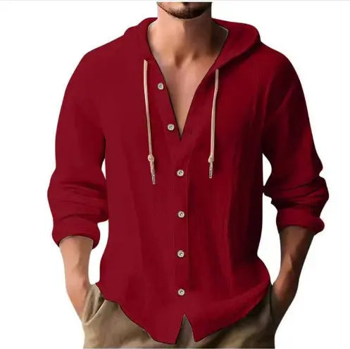Men's Cotton and Linen Hooded Button Shirt Sweater - Long Sleeve Casual Top Fabric Fashion Alfra Retail 1