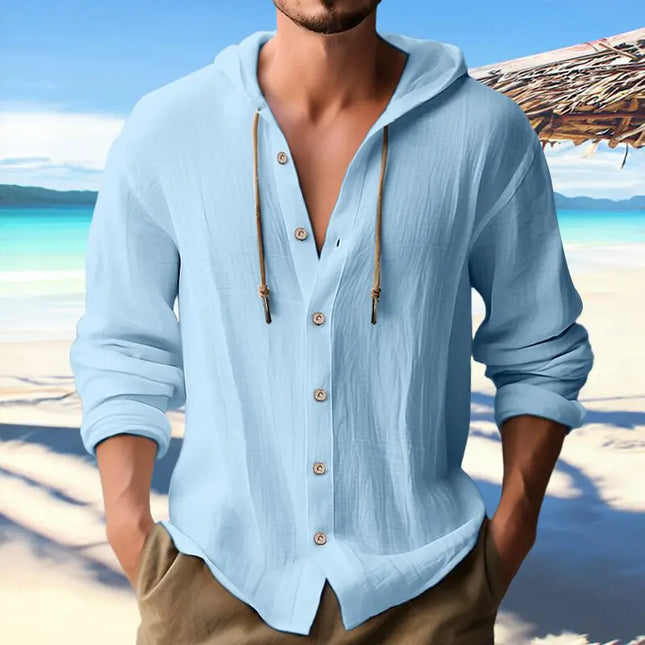 Men's Cotton and Linen Hooded Button Shirt Sweater - Long Sleeve Casual Top Fabric Fashion Alfra Retail 1