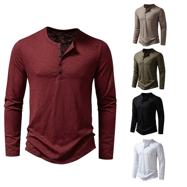 Men's Long Sleeve T-Shirt - Fashion Button Henry Collar Top Fabric Menswear Alfra Retail 1