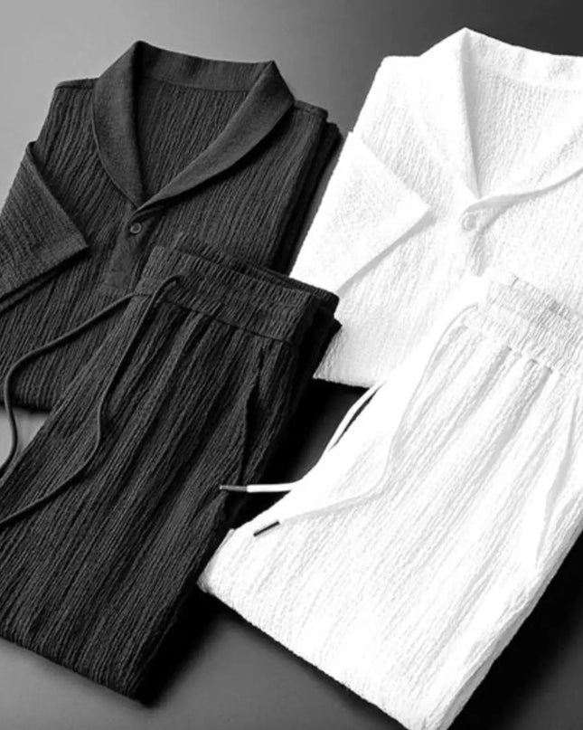 Men's Summer Suit - Loose Short Sleeve Top & Drawstring Trousers Fashion Clothing Fabric Menswear Alfra Retail 1