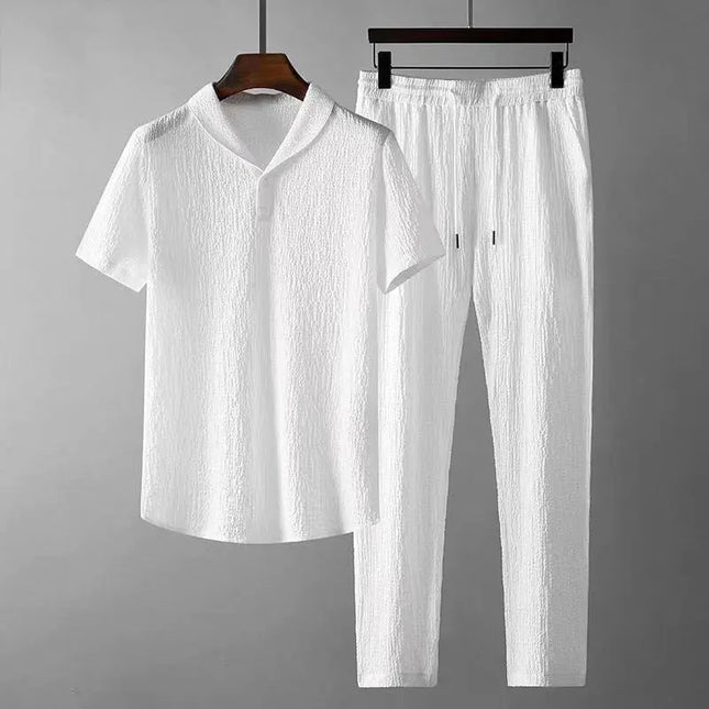 Men's Summer Suit - Loose Short Sleeve Top & Drawstring Trousers Fashion Clothing Fabric Menswear Alfra Retail 1
